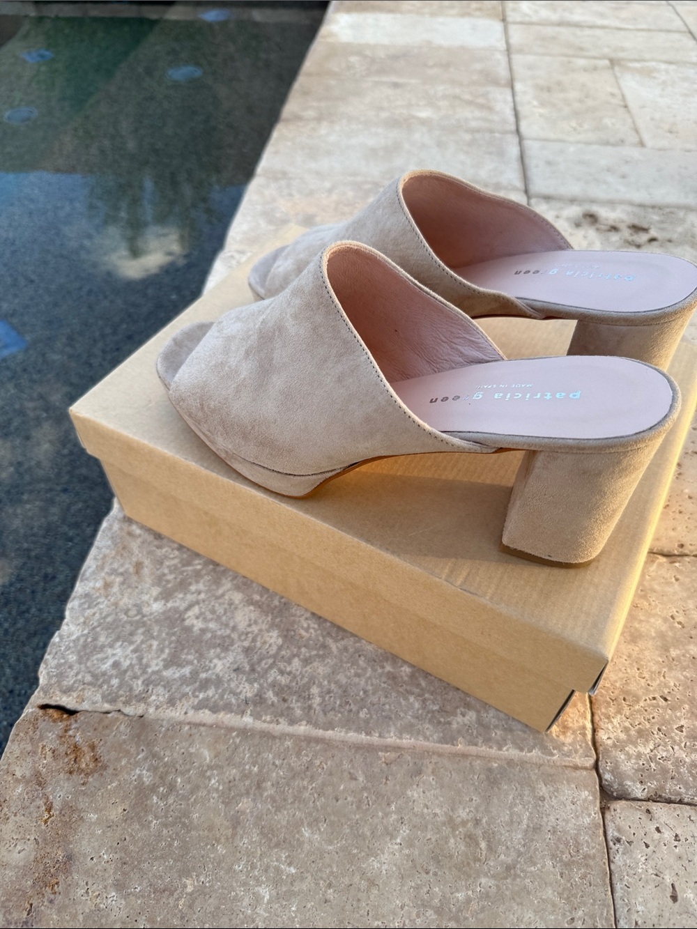 Patricia Green Taupe Suede Block Heel Mules
